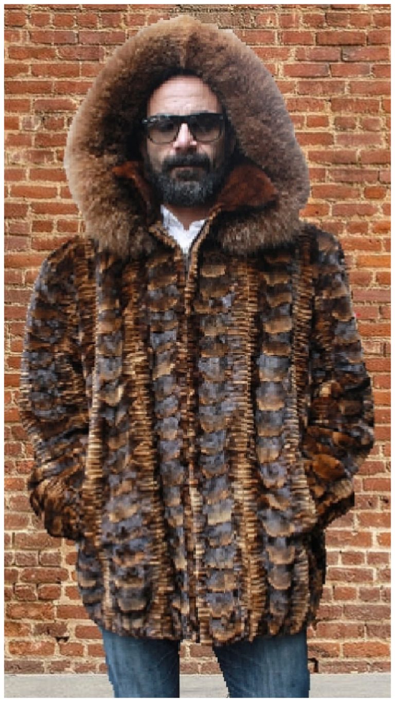 Whiskey Sheared Mink Fur Jacket with Hood and Fox Fur Trim