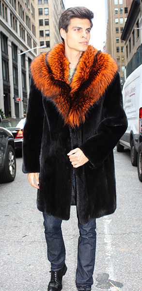 Ranch Mink Fur Coat with Burnt Orange Fox Fur Collar