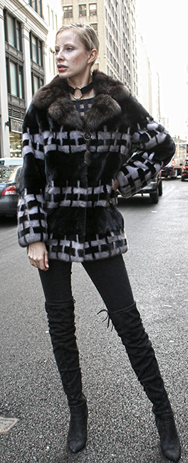 Black Gray Mink Fur Stroller With Sable Fur Collar