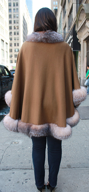Brown Cashmere Cape With Crystal Fox Fur Trim