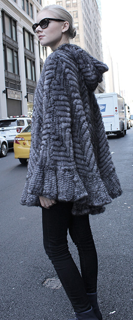 Gray Knit Mink Fur Poncho with Hood