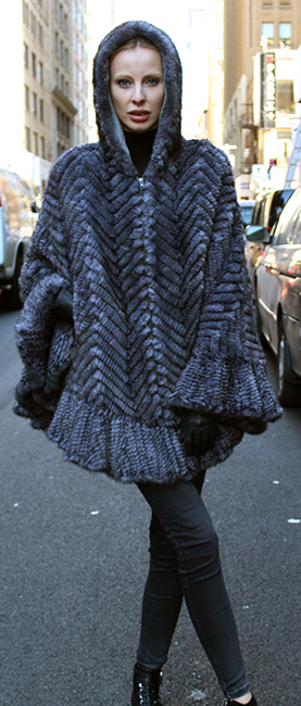 Light Gray Knit Mink Poncho with Hood