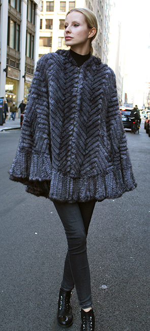 Light Gray Knit Mink Poncho with Hood