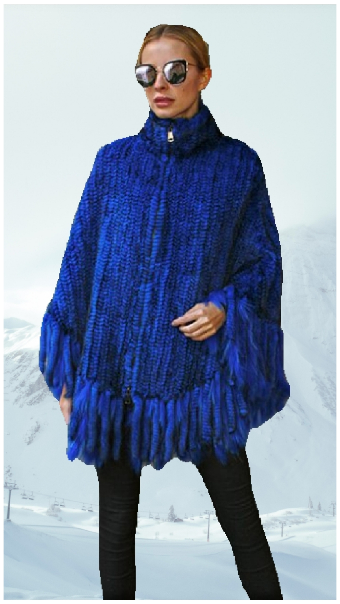 royal blue knit mink fur poncho