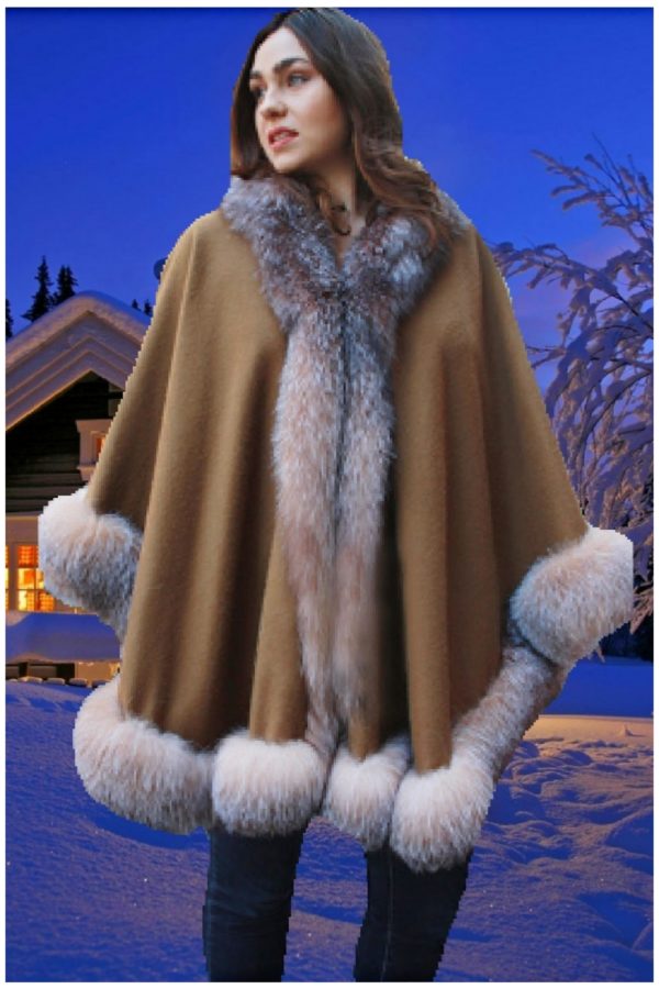 brown cashmere cape crystal fox fur trim