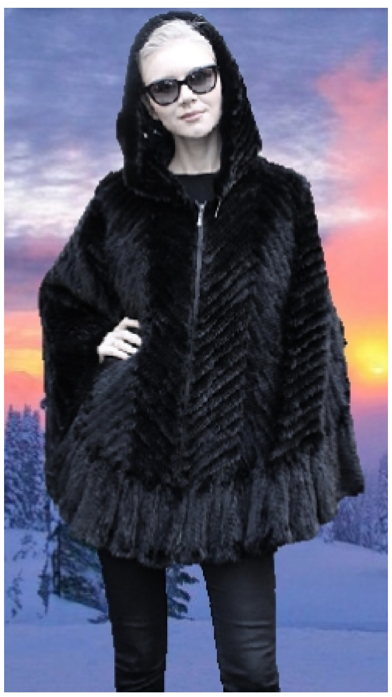 black knit mink fur poncho hood