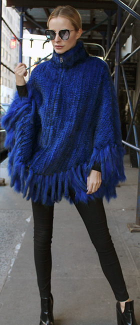 Royal Blue Knit Mink Fur Poncho