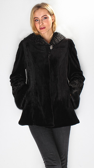Black Mink Fur Jacket Swakara Trim, Plus Size Black Mink Coat