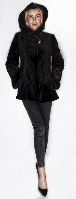 Black Mink Fur Jacket Swakara Fur Trim Collar Cuffs with Hood