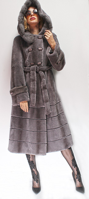 Full Length Gray Rex Rabbit Fur Coat Hood