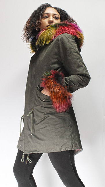 Military Green Multi Colored Fox Fur Lined Parka Hood