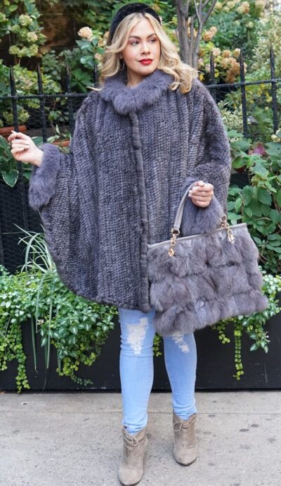 Gray Mink Fur Poncho Fox Fur Collar Cuffs