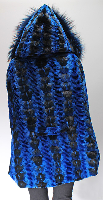 Sculptured Lazor Cut Blue Dyed Mink Fur Blue Dyed Silver Fox Trim Cape With Hood