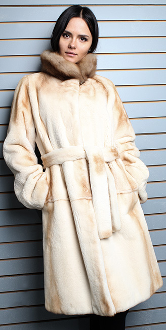 Belted Camel Colored Rex Rabbit Fur Coat with Sable Collar