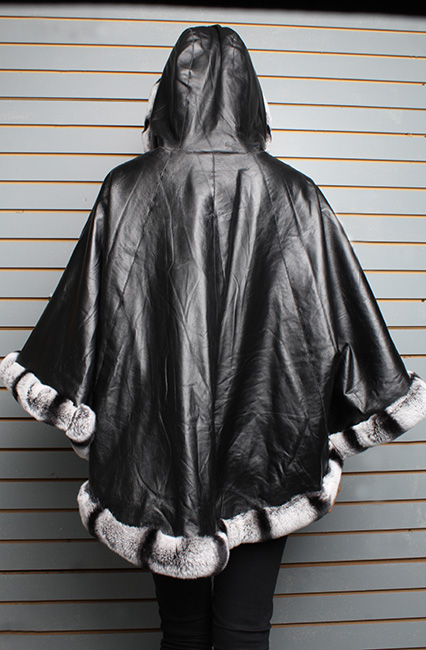 Black Leather Cape with Hood Rex Rabbit Fur Trim and Cuffs