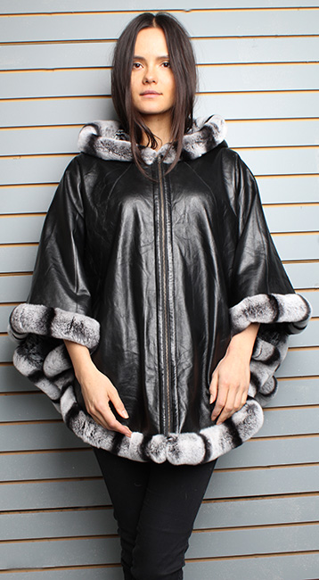 Black Leather Cape with Hood Rex Rabbit Fur Trim and Cuffs