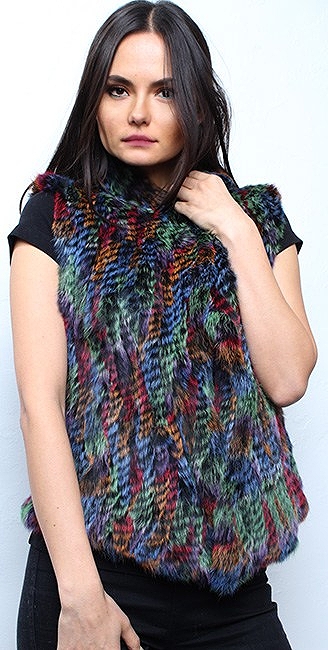 Multi Colored Knit Rabbit Fur Vest