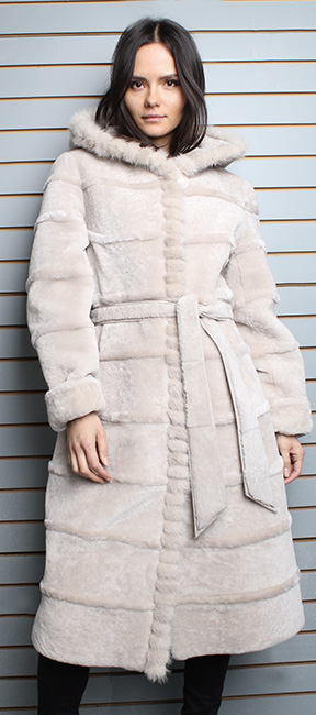 Beige Belted Mouton Fur Coat with Hood