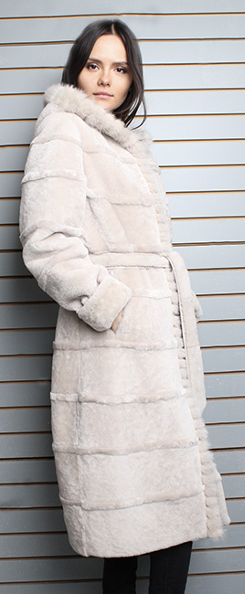 Beige Belted Mouton Fur Coat with Hood