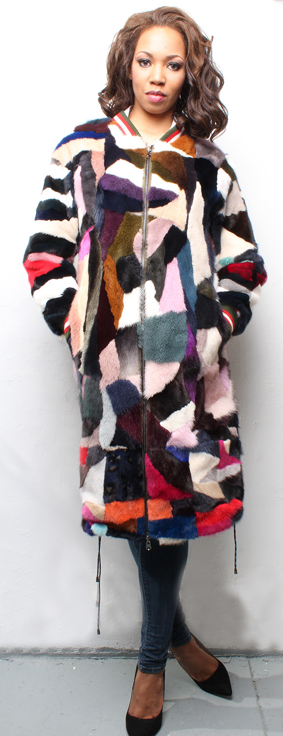 Multi Colored Reversible Sheared Mink Coat with Poplin Fabric