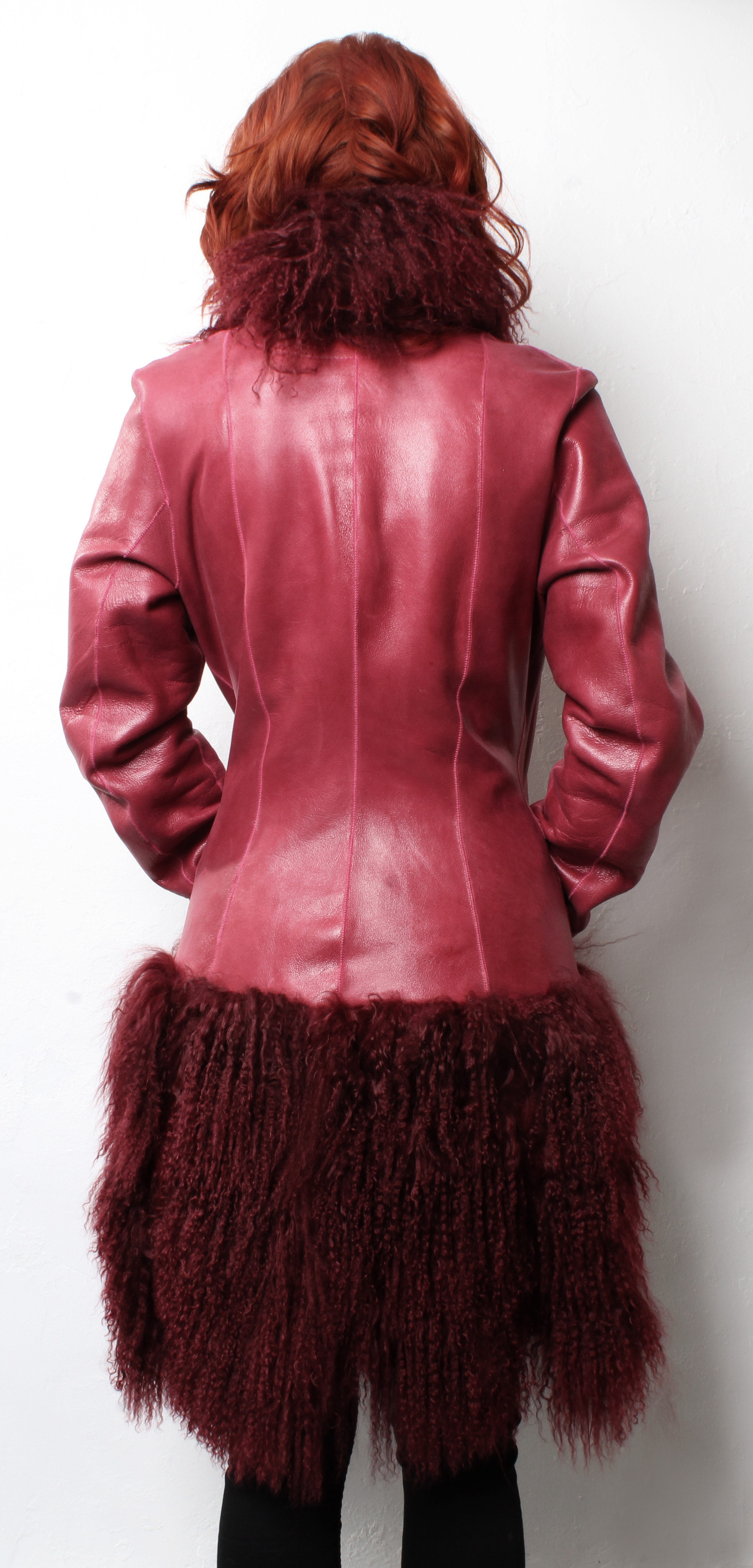 Red Leather Jacket Tibetan Lamb Fur Border