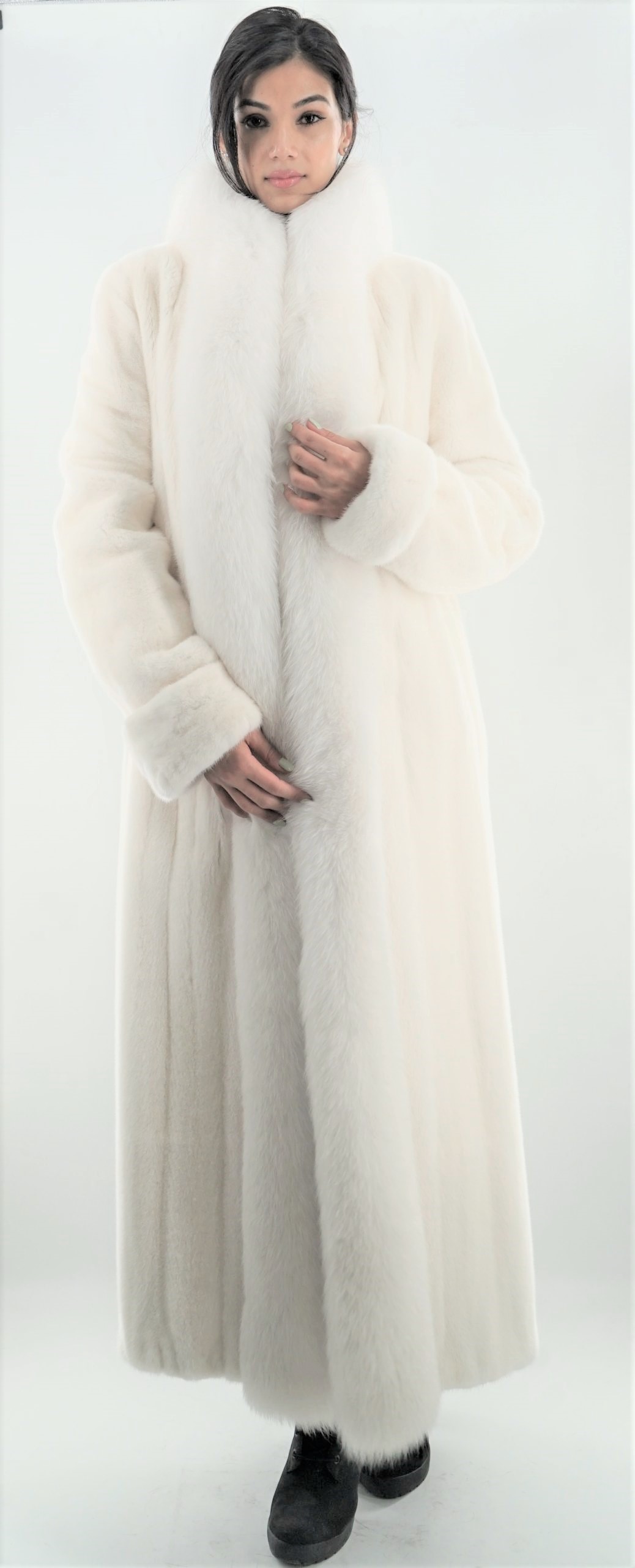 White Mink Fur Coat with White Fox Fur Tuxedo Trim