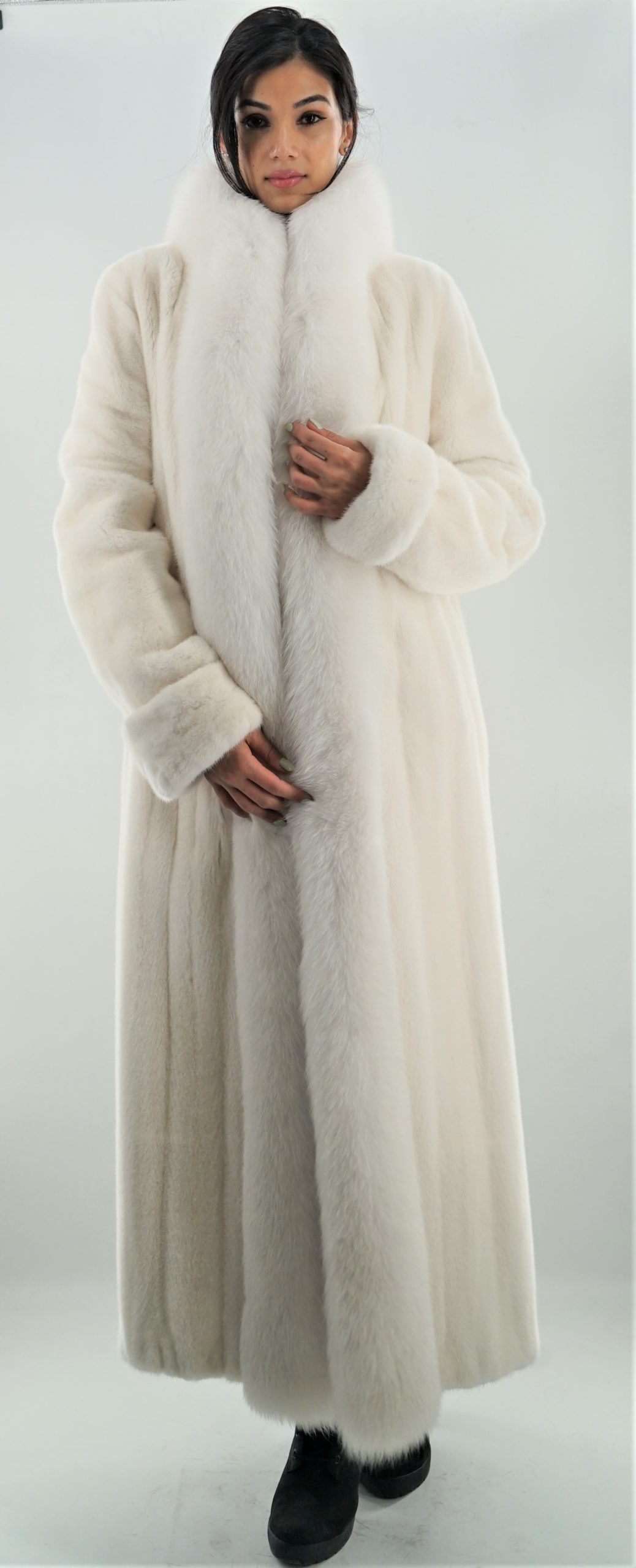 White Mink Fur Coat with White Fox Fur Tuxedo Trim