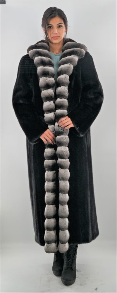 Full Length Ranch Mink Coat with Chinchilla Fur Tuxedo Trim Chinchilla Collar Cuffs