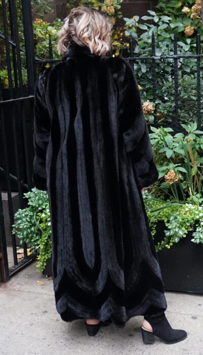 Full-length ranch mink coat featuring alternate hair-up and hair-down vertical stripes with a stand-up collar.