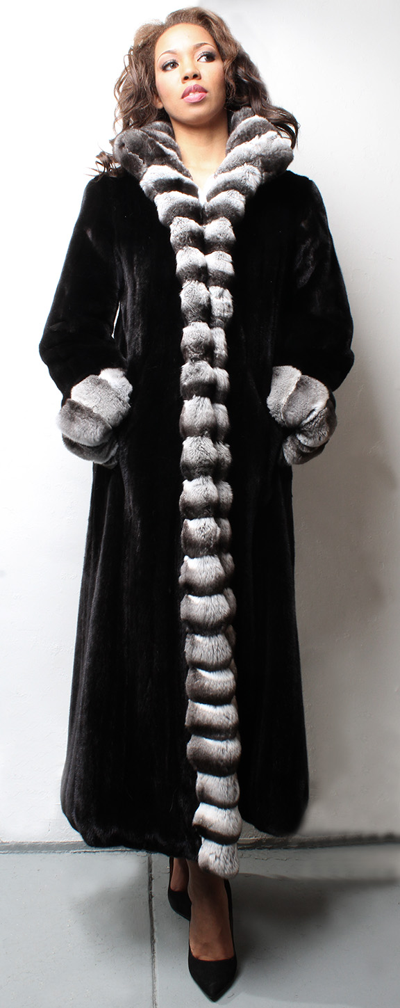 Full Length Ranch Sheared Mink Coat with Chinchilla Fur Tuxedo Trim CHinchilla Fur Collar and Chinchilla Fur Cuffs