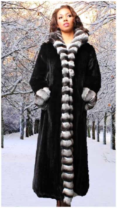 Full length ranch mink coat with chinchilla fur tuxedo trim chinchilla collar cuffs