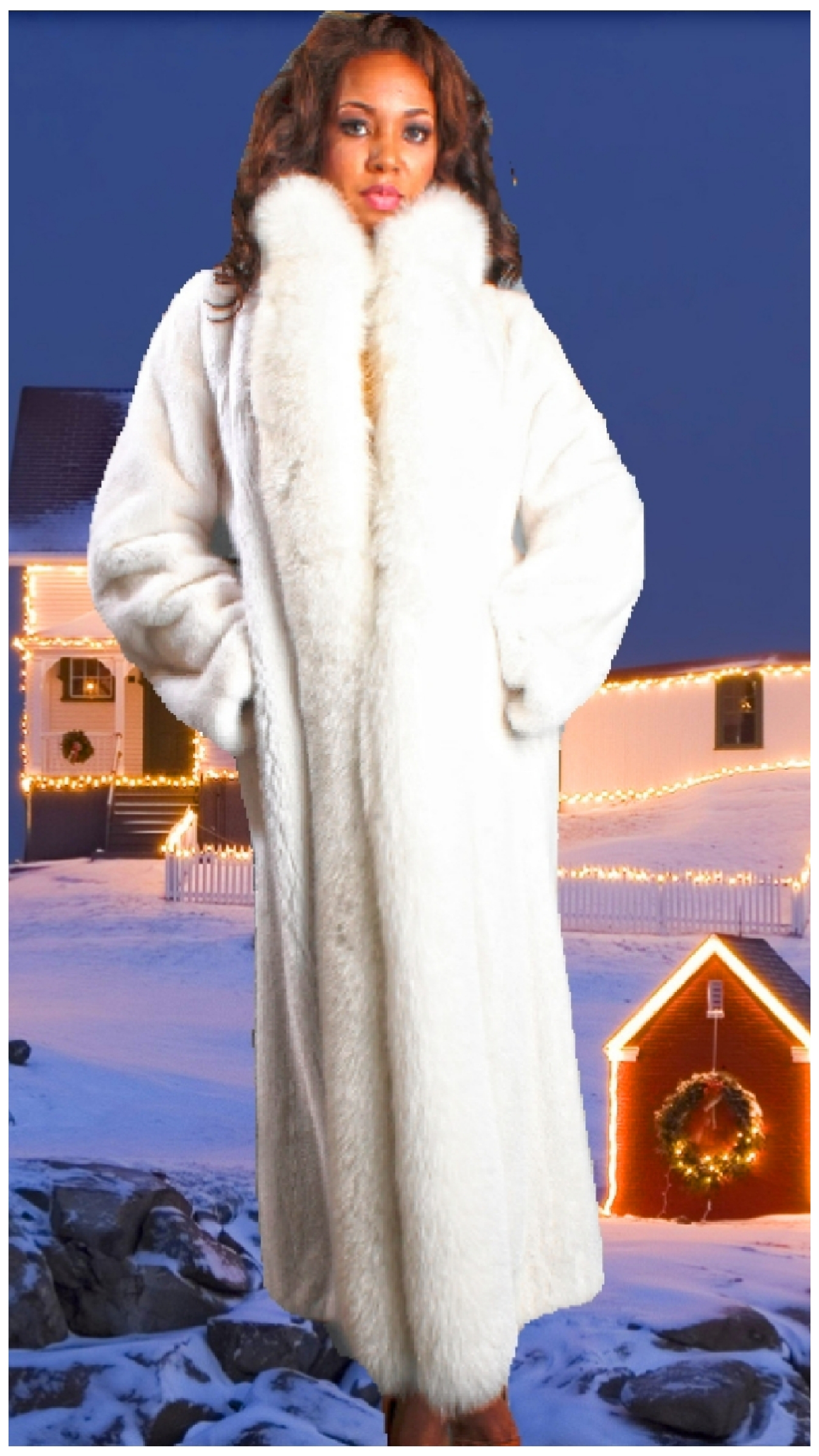 White Mink Fur Coat with White Fox Fur Tuxedo Trim #0986