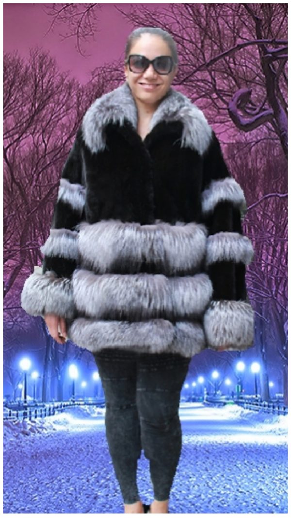 plus size black mink jacket indigo fox trim
