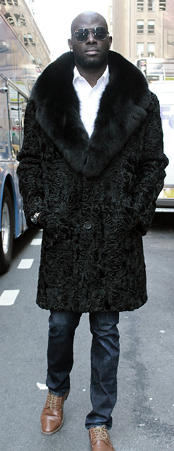 Mens Black Persian Lamb Fur Coat Black Fox Fur Collar