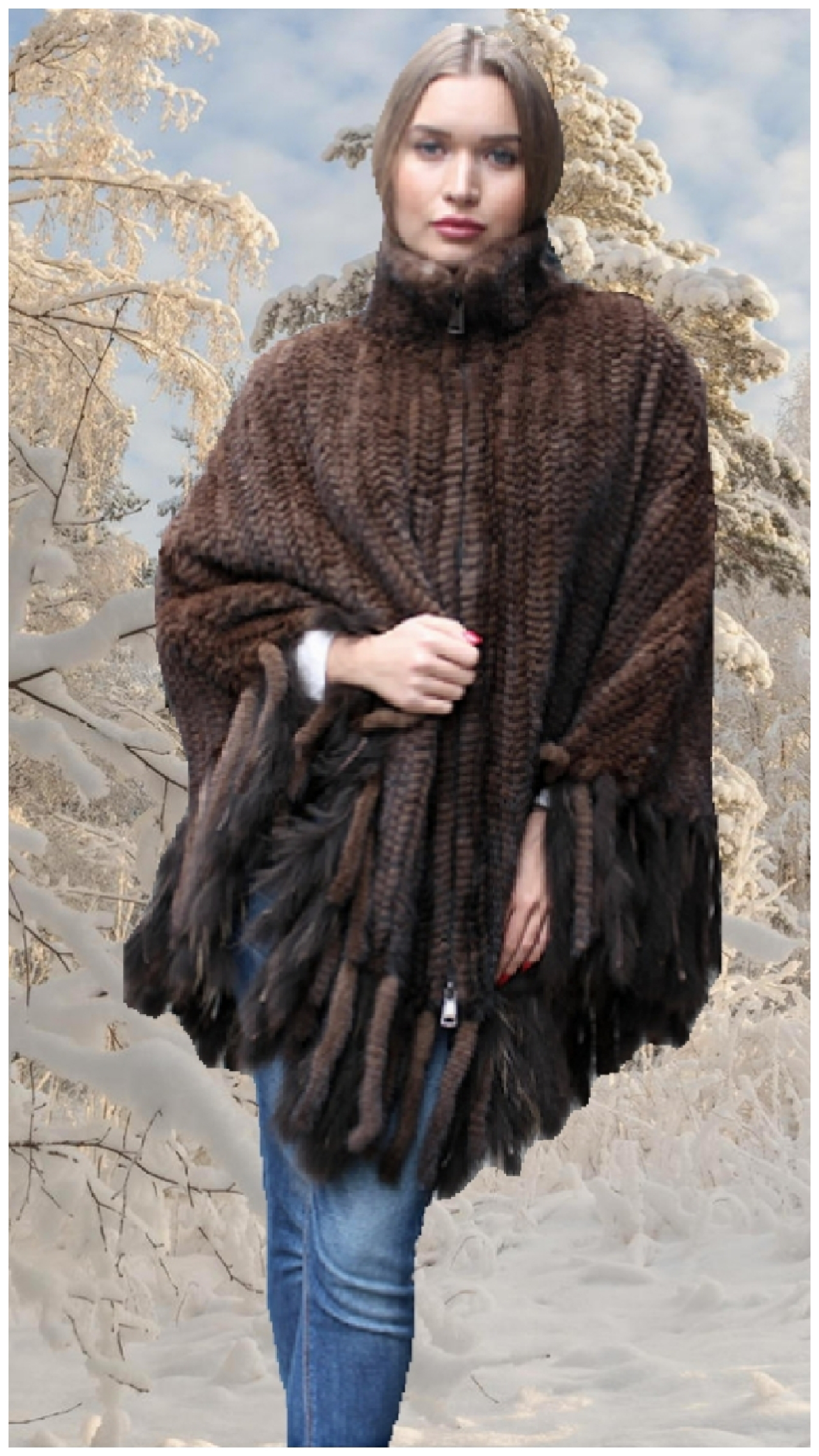 mahogany knit mink fur poncho