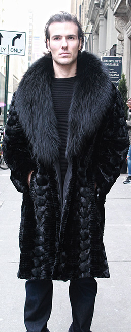 Mens Black Section Mink Fur Coat Black Fox Fur Collar