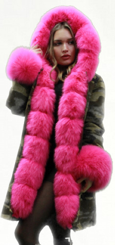 Green Camouflage Pink Fox Fur Trim