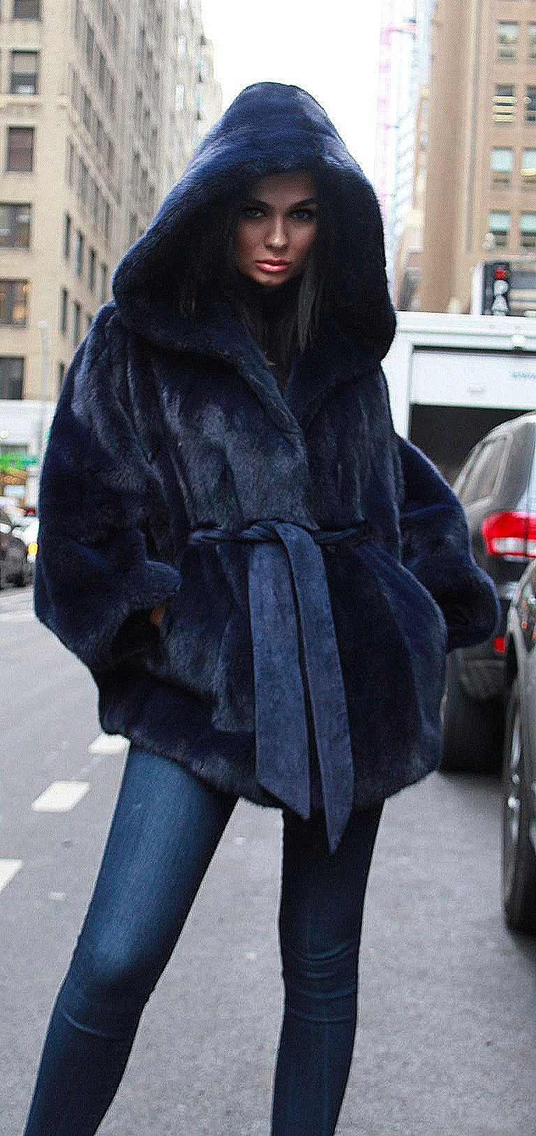 Blue Hooded Mink Fur Poncho Belt