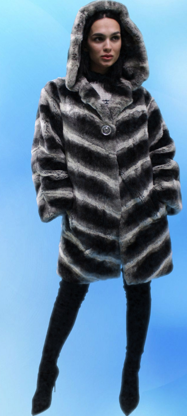 Black White Hooded Rabbit Fur Jacket 06477