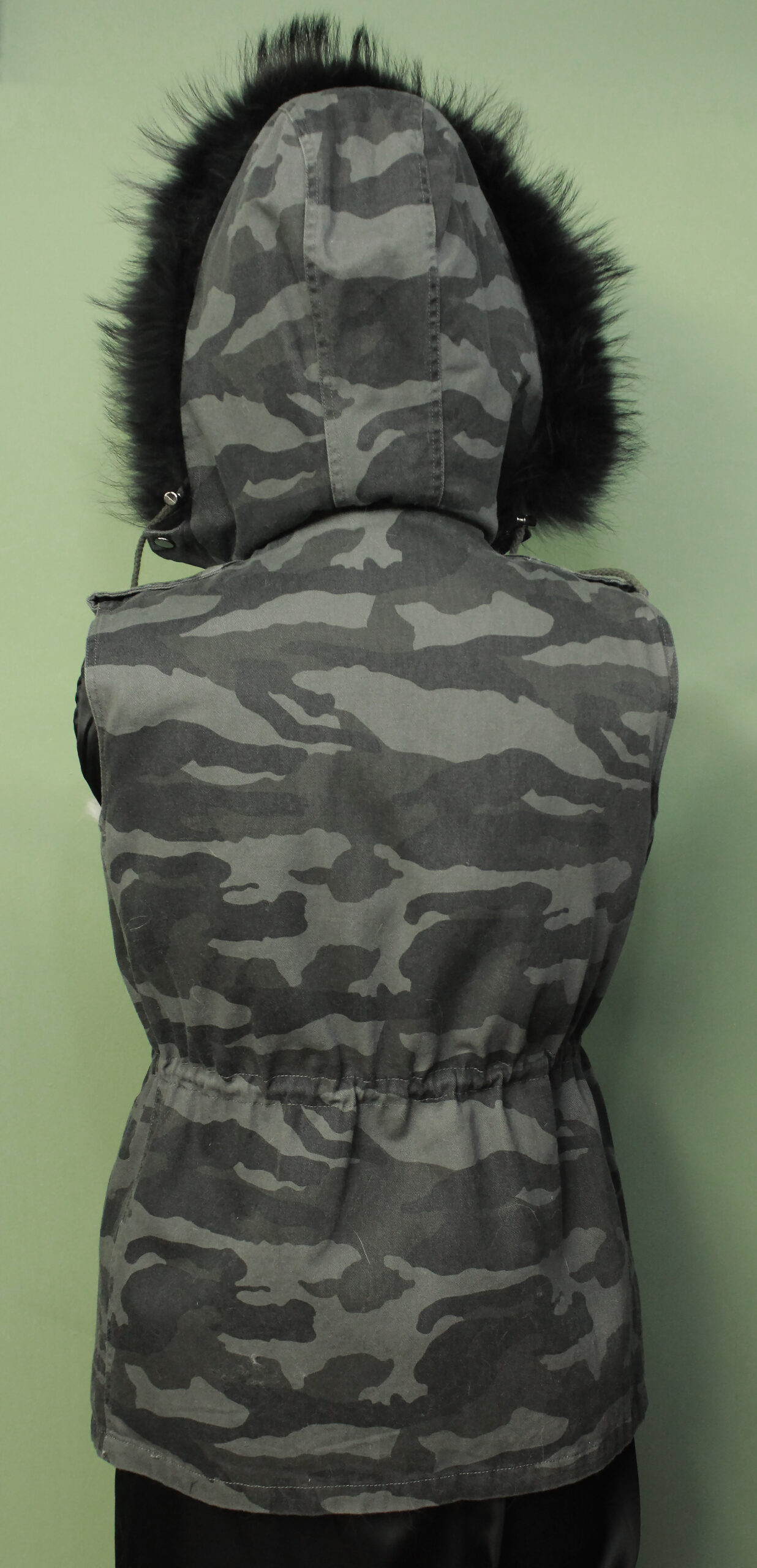 Grey Camouflage Vest Detachable Rabbit Fur Lining Detachable Hood