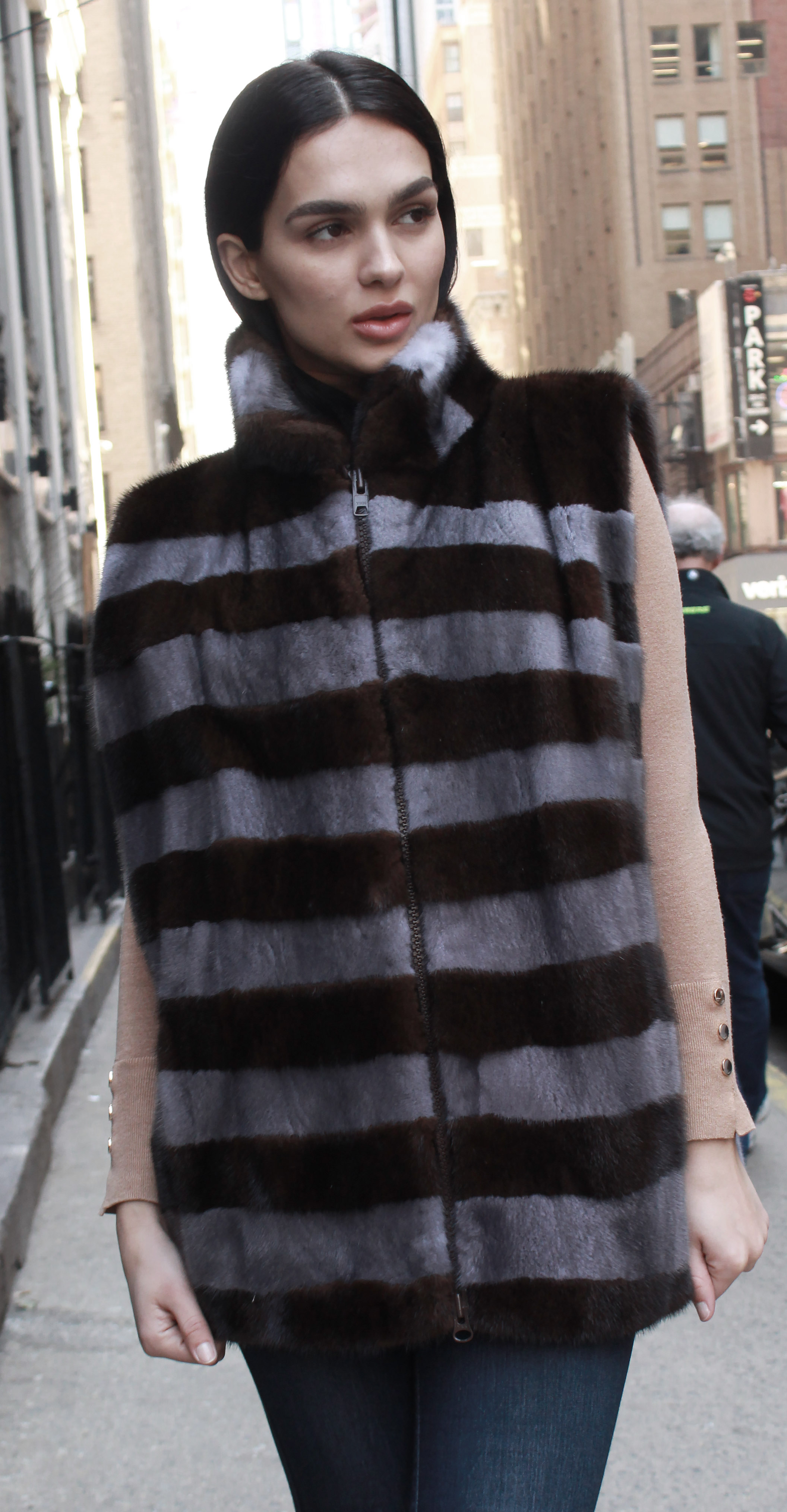 Brown Grey Striped Mink Fur Vest