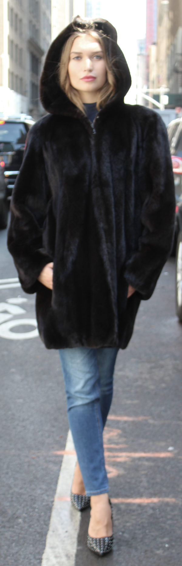 Brown Sheared Mink Fur Jacket Zippered Hood