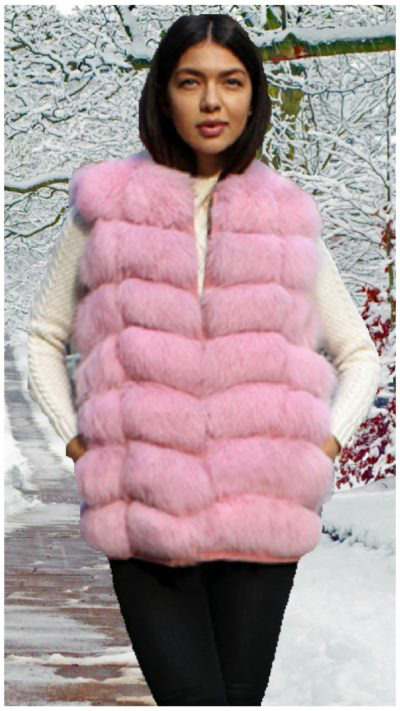 woman wearing pink for fur vest
