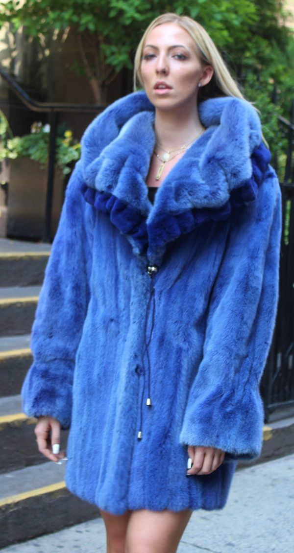 Woman wearing Blue Mink Stroller Sheared Mink Trim Hood