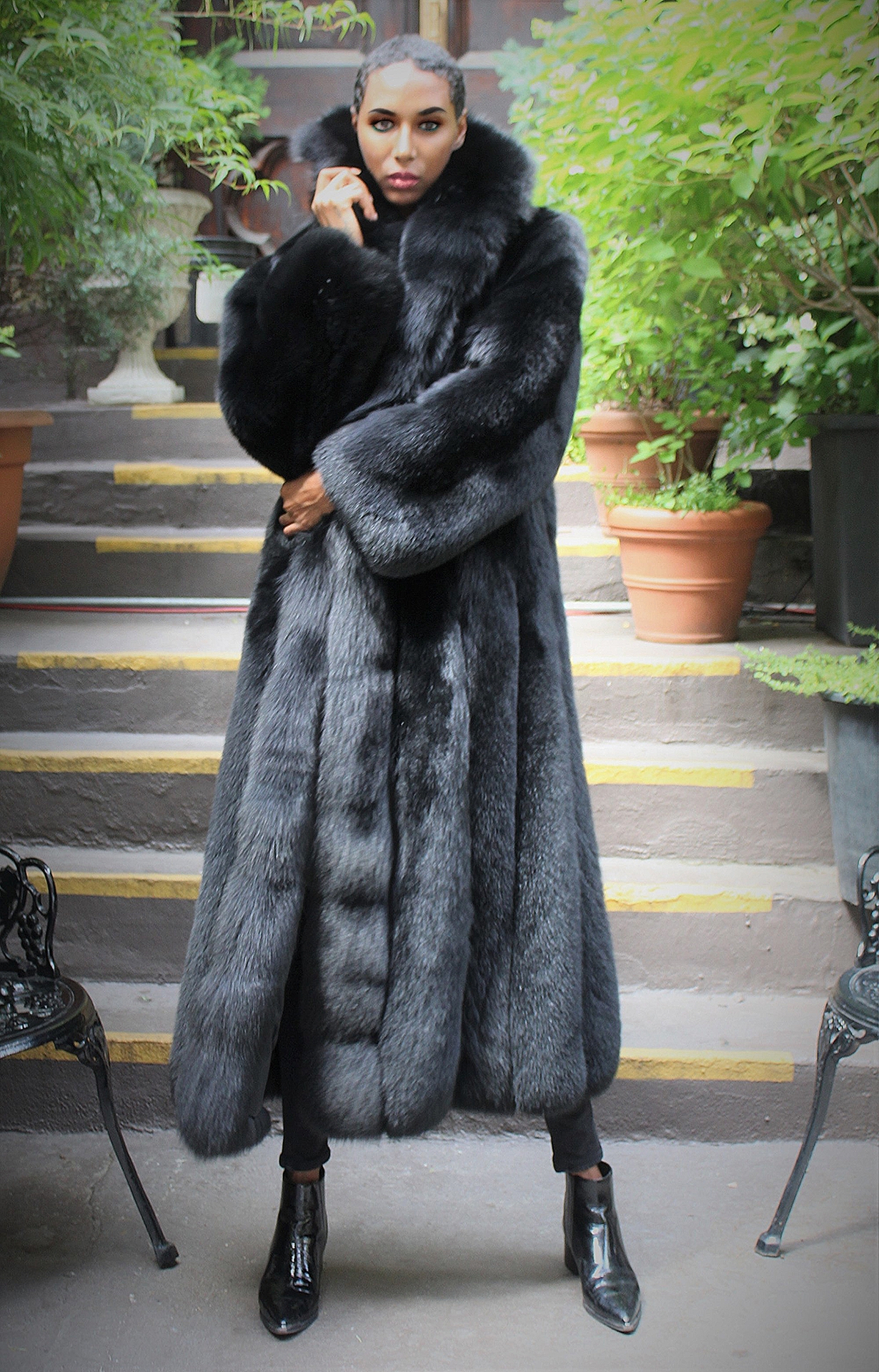 Black Fox Coat Full Length 77287 Marc, Long Black Fox Fur Coat