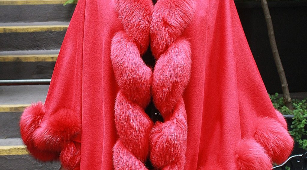 Red Cashmere Wool Cape Twisted Red Fox Trim 74747 – MARC KAUFMAN FURS