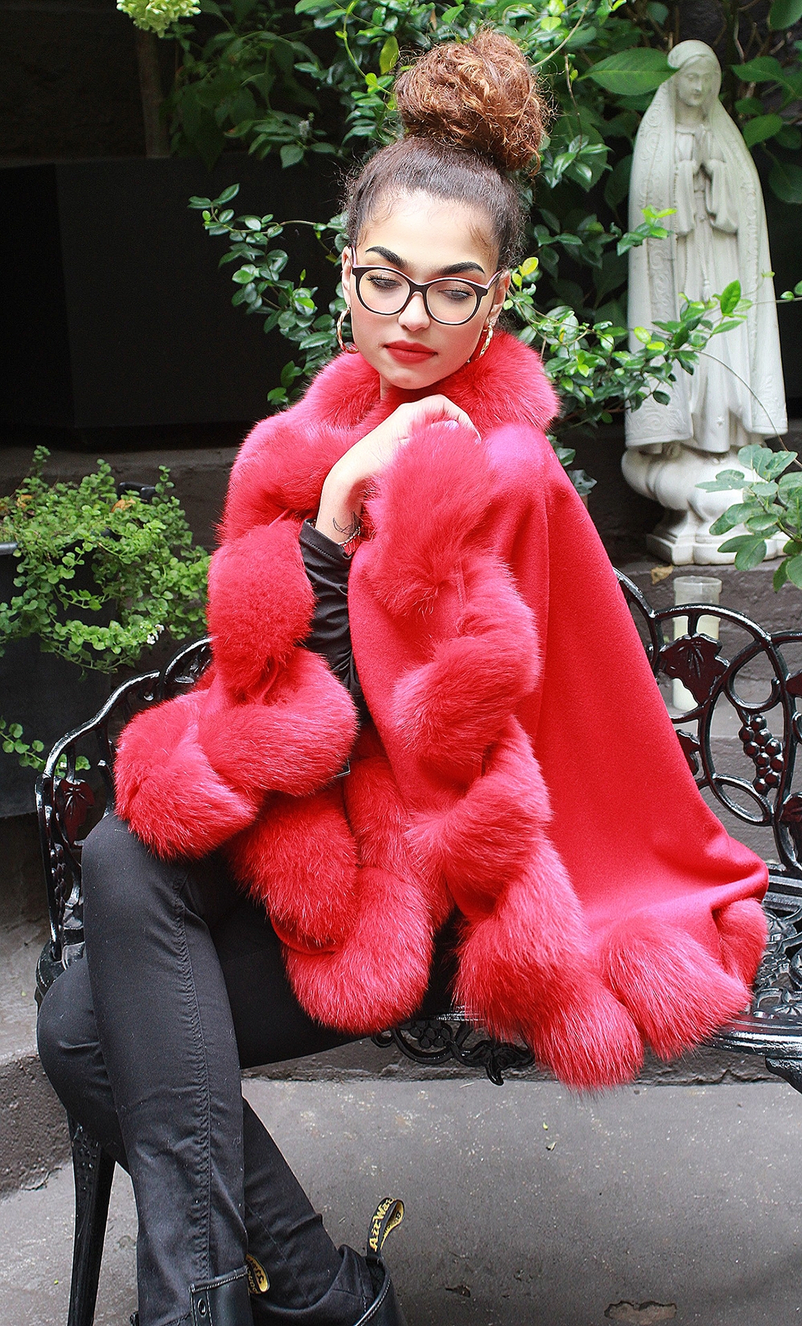 Red Cashmere Wool Cape Twisted Red Fox Trim
