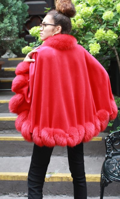 Red Cashmere Wool Cape Twisted Red Fox Trim 74747 – MARC KAUFMAN FURS