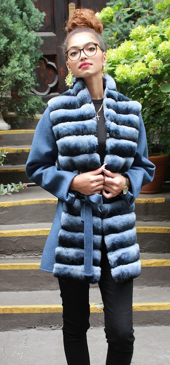 Blue Wool Jacket Rex Rabbit Horizontal Fronts Belt