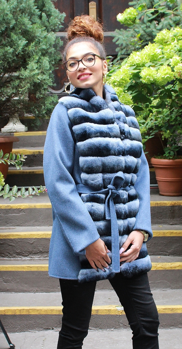 Blue Wool Jacket Rex Rabbit Horizontal Fronts Belt